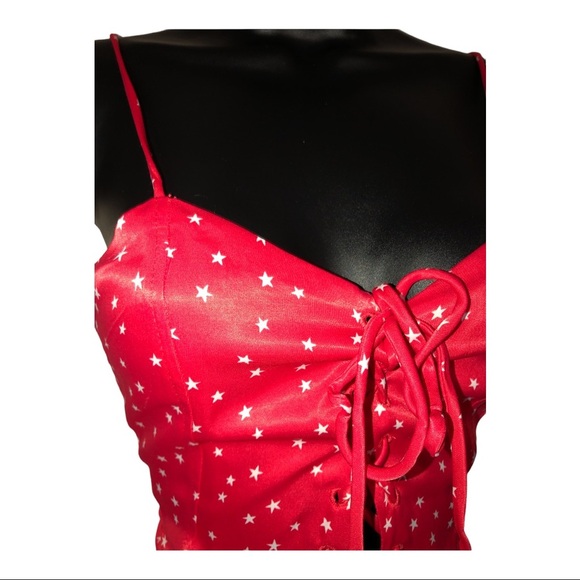 Zara red retro satin silk look stars lace-up spaghetti strap bodysuit size Large - Picture 9 of 14